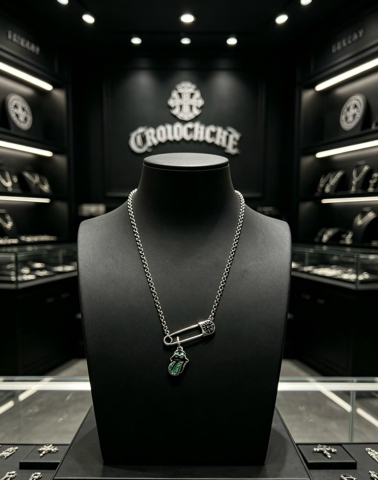 Chrome Hearts Rolling Stones Tongue Safety Pin Necklace